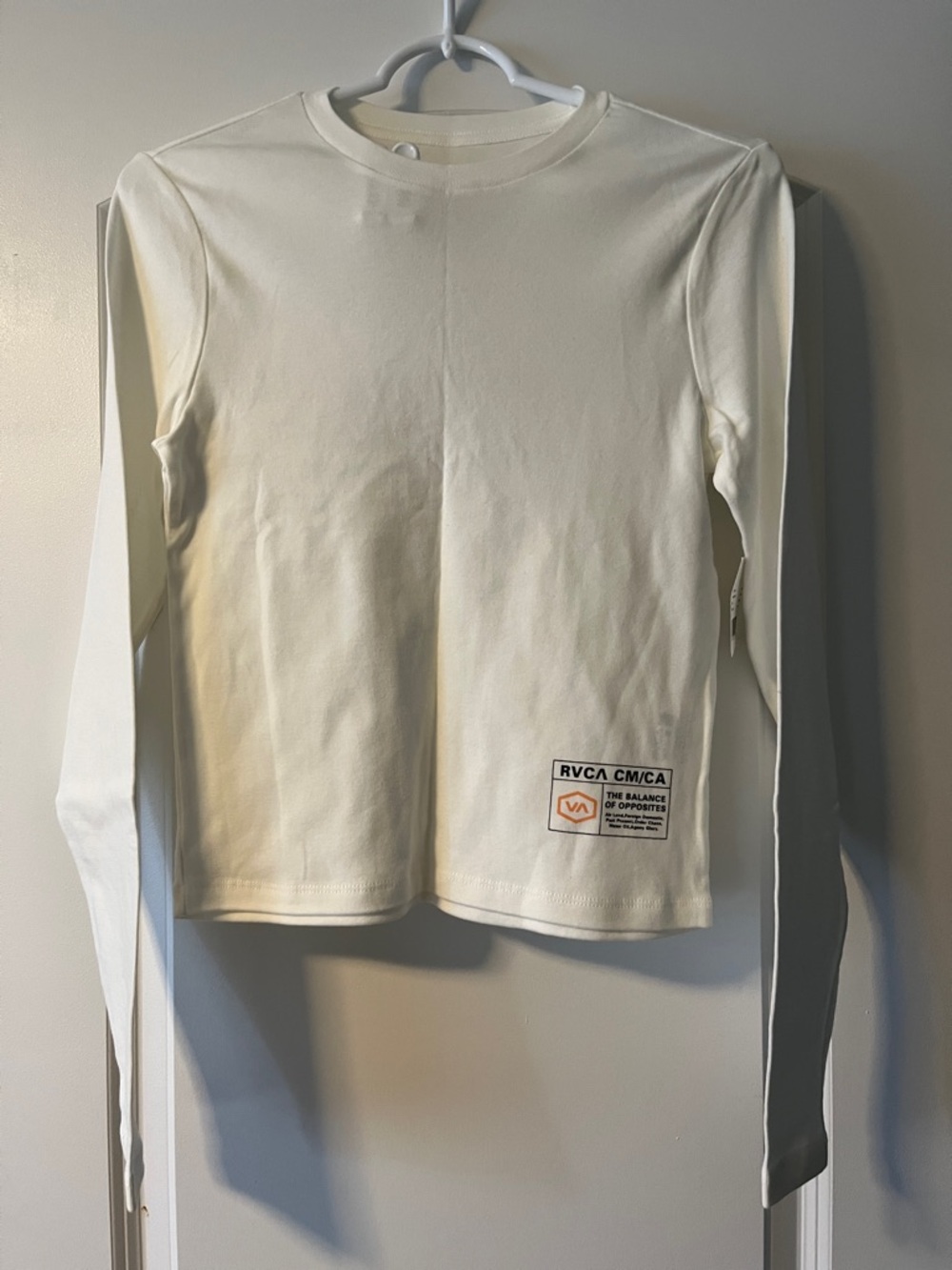 RVCA Cream Long Sleeve Crew Neck Tee with Subtle Patch